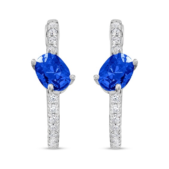 Tilted Oval Blue Sapphire and 1/5 CT. T.w. Diamond Hoop Earrings in 10K White Gold