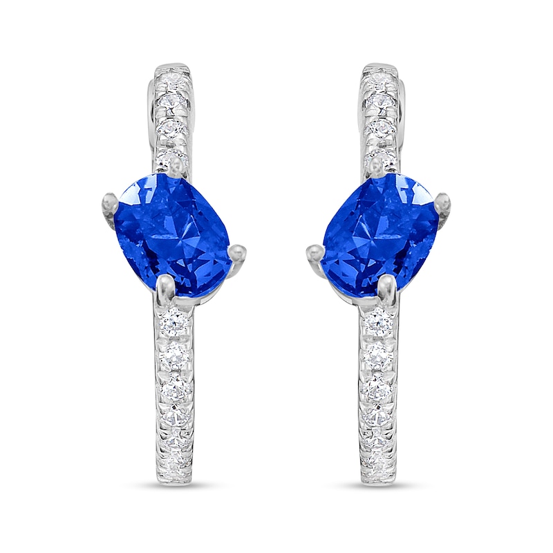 Main Image 2 of Tilted Oval Blue Sapphire and 1/5 CT. T.W. Diamond Hoop Earrings in 10K White Gold