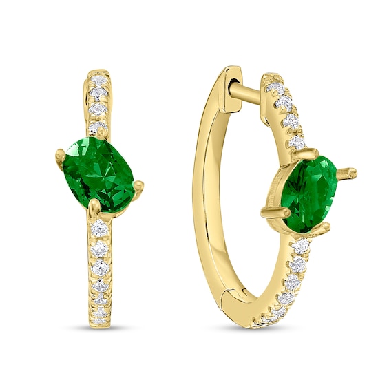 Tilted Oval Emerald and 1/5 CT. T.w. Diamond Hoop Earrings in 10K Gold