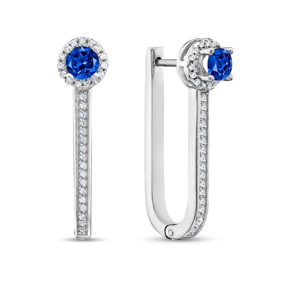 3.75mm Blue Sapphire and 1/4 CT. T.w. Diamond Frame Narrow U-Hoop Earrings in 10K White Gold