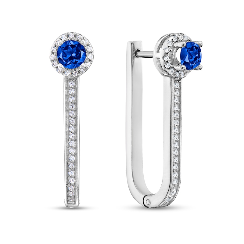 Main Image 1 of 3.75mm Blue Sapphire and 1/4 CT. T.W. Diamond Frame Narrow U-Hoop Earrings in 10K White Gold