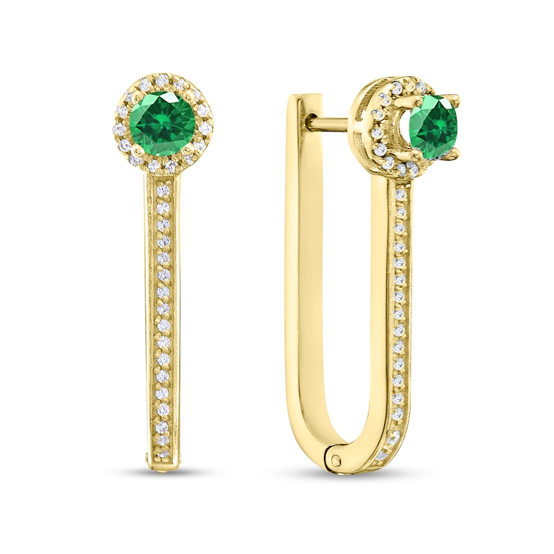 Main Image 1 of 3.75mm Emerald and 1/4 CT. T.W. Diamond Frame Narrow U-Hoop Earrings in 10K Gold
