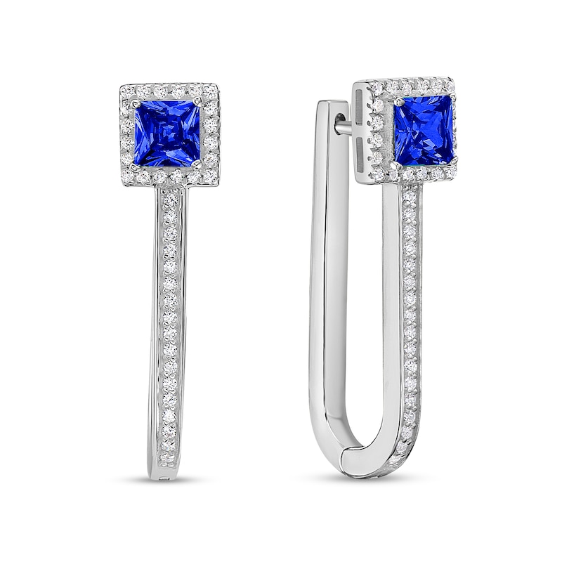 Main Image 1 of 4.0mm Princess-Cut Blue Sapphire and 1/4 CT. T.W. Diamond Octagonal Frame Narrow U-Hoop Earrings in 10K White Gold