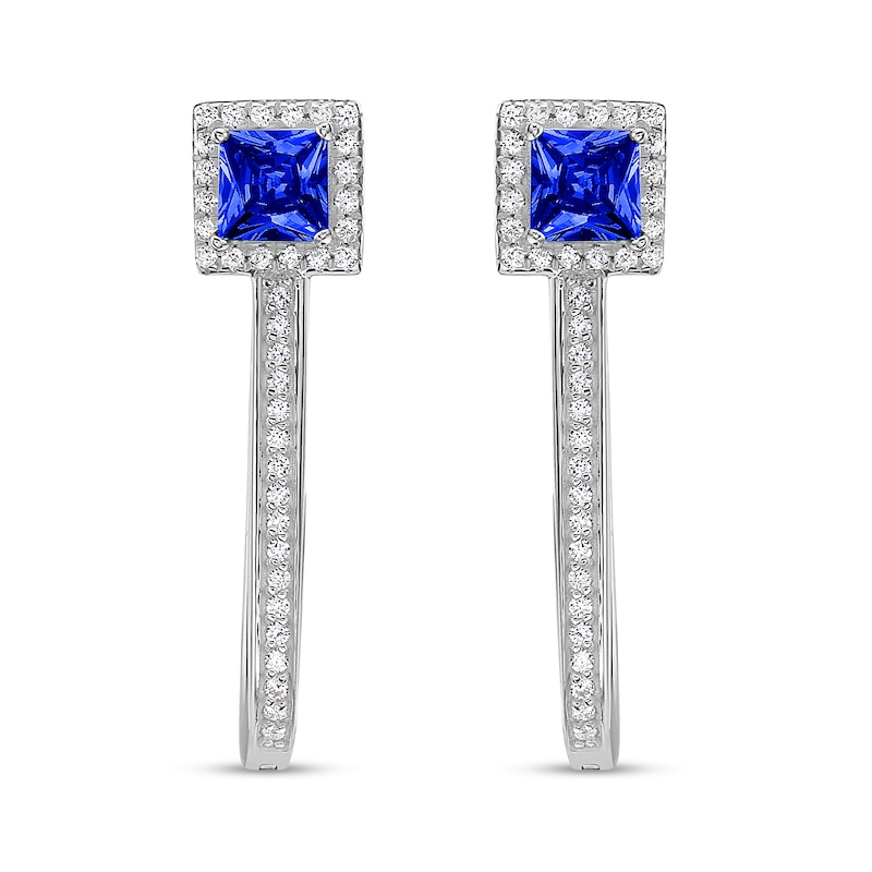 Main Image 2 of 4.0mm Princess-Cut Blue Sapphire and 1/4 CT. T.W. Diamond Octagonal Frame Narrow U-Hoop Earrings in 10K White Gold