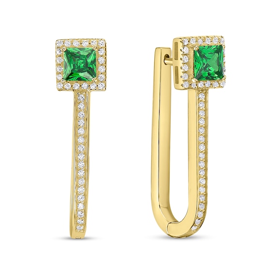 4.0mm Princess-Cut Emerald and 1/4 CT. T.w. Diamond Octagonal Frame Narrow U-Hoop Earrings in 10K Gold
