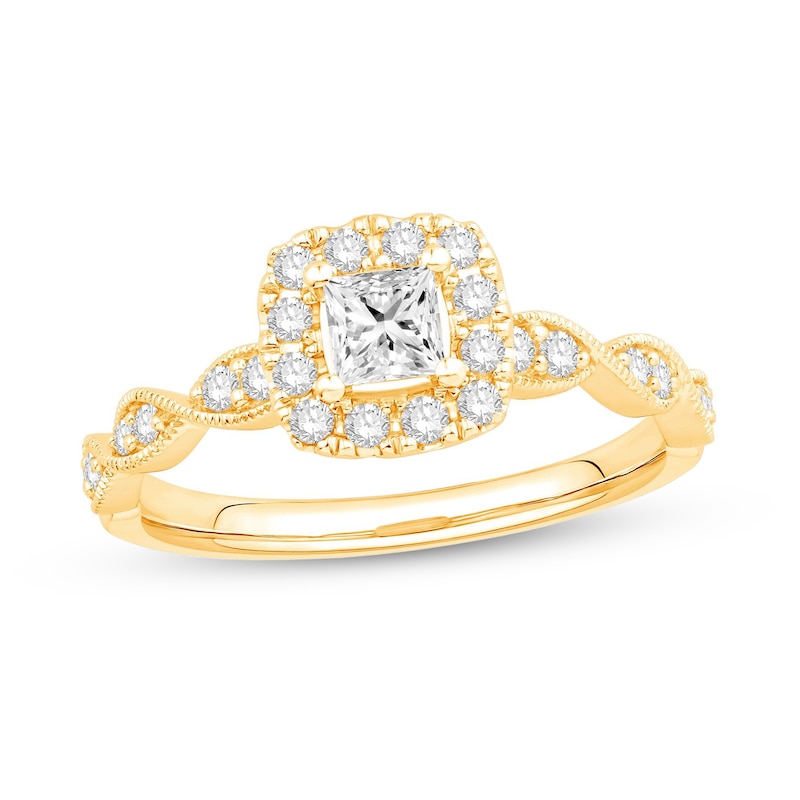 Main Image 1 of 5/8 CT. T.W. Princess-Cut Diamond Cushion Frame Twist Shank Engagement Ring in 14K Gold (I/I2)