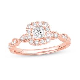 5/8 CT. T.W. Princess-Cut Diamond Cushion Frame Twist Shank Engagement Ring in 14K Rose Gold (I/I2)