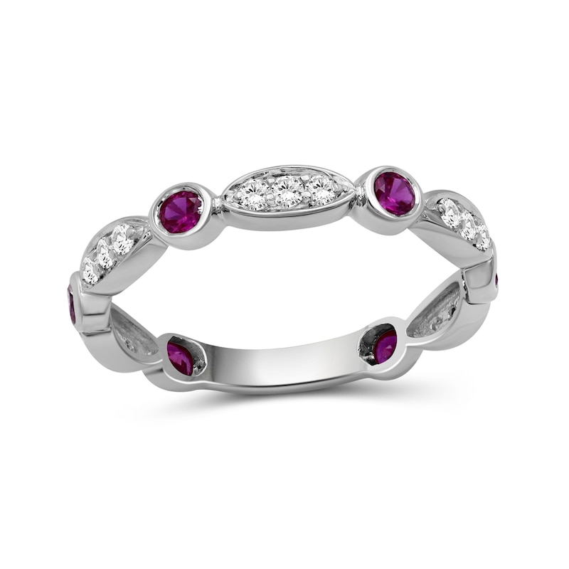 Main Image 1 of Alternating Lab-Created Ruby and White Lab-Created Sapphire Trio with Marquise Frame Art Deco Ring in Sterling Silver