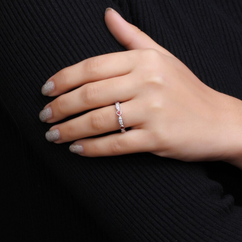 Main Image 2 of Alternating Lab-Created Ruby and White Lab-Created Sapphire Trio with Marquise Frame Art Deco Ring in Sterling Silver