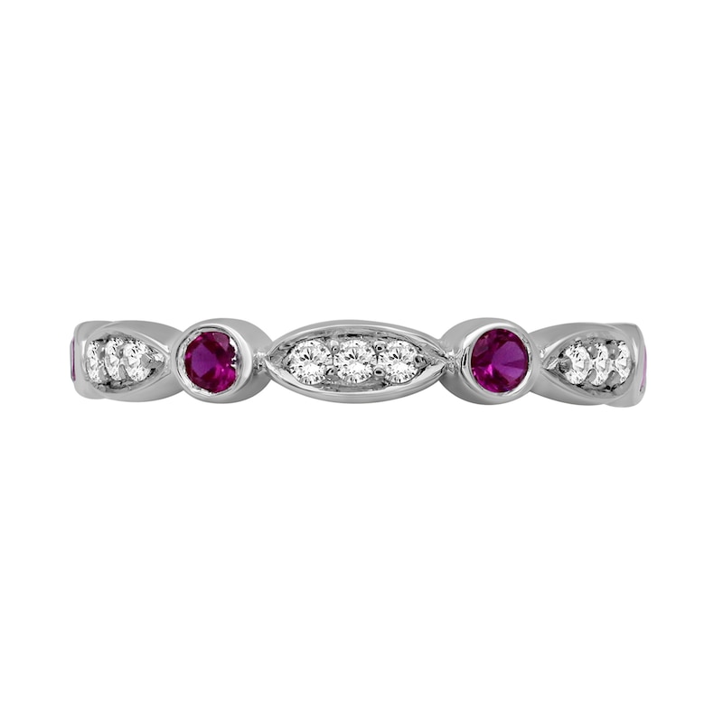 Main Image 4 of Alternating Lab-Created Ruby and White Lab-Created Sapphire Trio with Marquise Frame Art Deco Ring in Sterling Silver