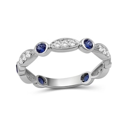 Alternating Blue and White Lab-Created Sapphire Trio with Marquise Frame Art Deco Ring in Sterling Silver