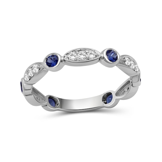 Alternating Blue and White Lab-Created Sapphire Trio with Marquise Frame Art Deco Ring in Sterling Silver