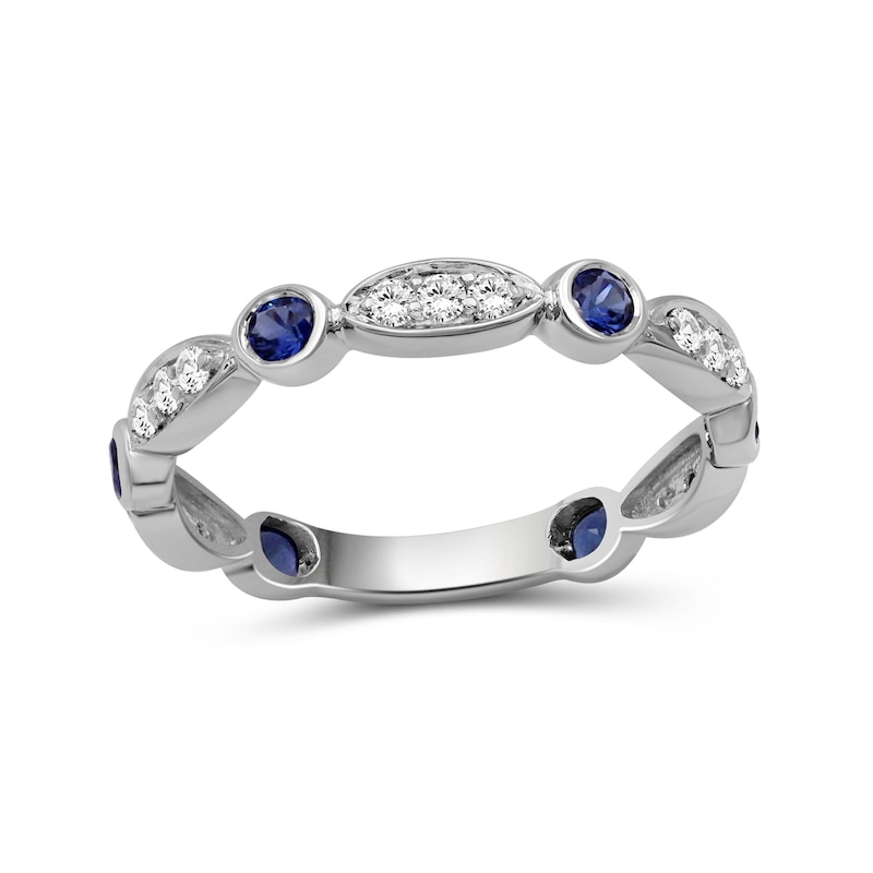 Main Image 1 of Alternating Blue and White Lab-Created Sapphire Trio with Marquise Frame Art Deco Ring in Sterling Silver