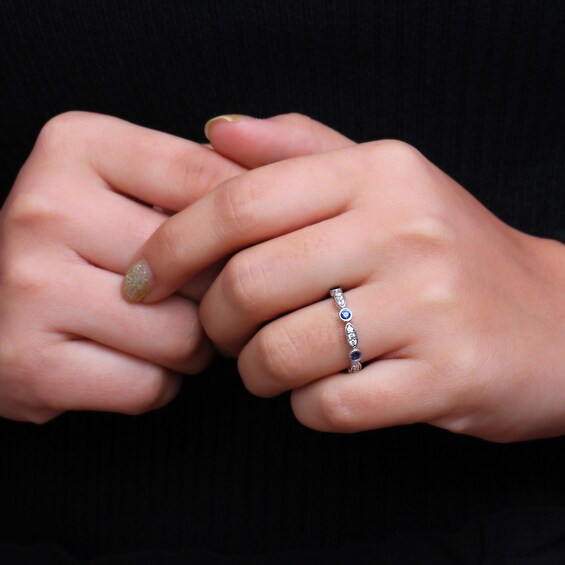 Alternating Blue and White Lab-Created Sapphire Trio with Marquise Frame Art Deco Ring in Sterling Silver