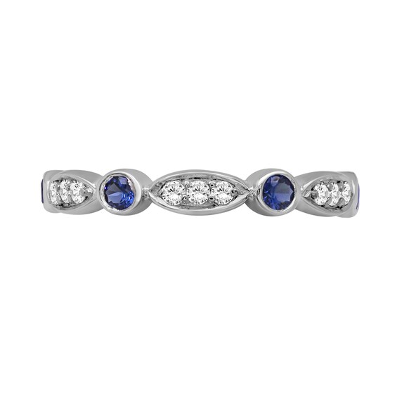 Alternating Blue and White Lab-Created Sapphire Trio with Marquise Frame Art Deco Ring in Sterling Silver