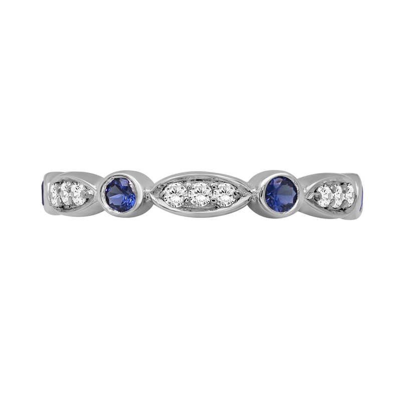 Main Image 4 of Alternating Blue and White Lab-Created Sapphire Trio with Marquise Frame Art Deco Ring in Sterling Silver