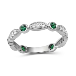 Alternating Lab-Created Emerald and White Lab-Created Sapphire Trio with Marquise Frame Art Deco Ring in Sterling Silver