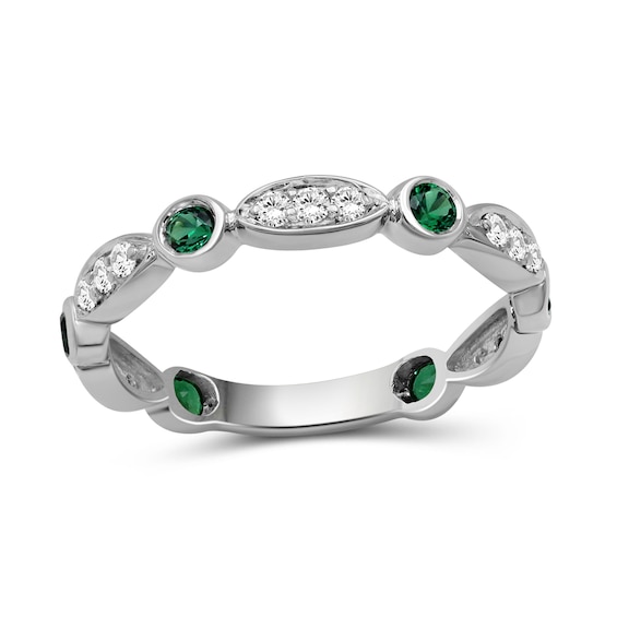 Alternating Lab-Created Emerald and White Lab-Created Sapphire Trio with Marquise Frame Art Deco Ring in Sterling Silver