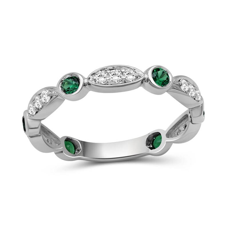 Main Image 1 of Alternating Lab-Created Emerald and White Lab-Created Sapphire Trio with Marquise Frame Art Deco Ring in Sterling Silver