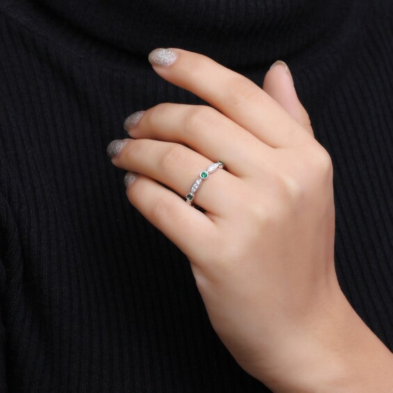 Alternating Lab-Created Emerald and White Lab-Created Sapphire Trio with Marquise Frame Art Deco Ring in Sterling Silver