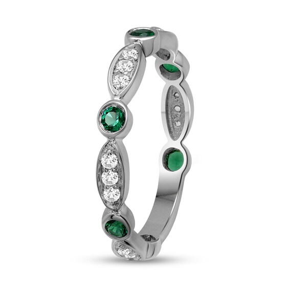 Alternating Lab-Created Emerald and White Lab-Created Sapphire Trio with Marquise Frame Art Deco Ring in Sterling Silver