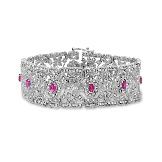 Oval Lab-Created Ruby and White Lab-Created Sapphire Floral Wide Link Vintage-Style Bracelet in Sterling Silver - 7.5"