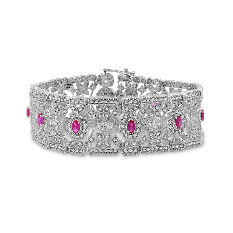 Main Image 1 of Oval Lab-Created Ruby and White Lab-Created Sapphire Floral Wide Link Vintage-Style Bracelet in Sterling Silver - 7.5"