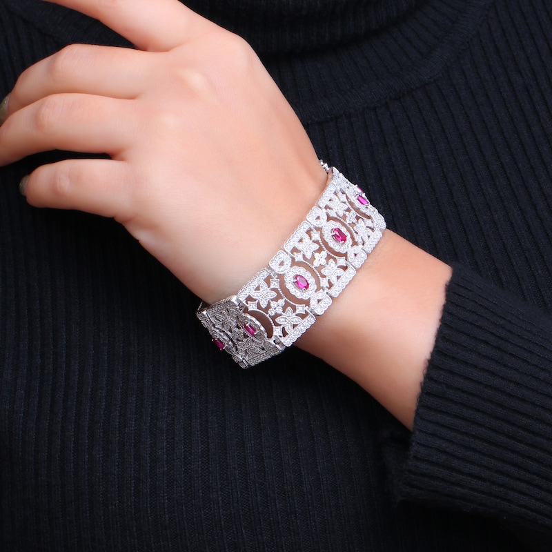 Main Image 2 of Oval Lab-Created Ruby and White Lab-Created Sapphire Floral Wide Link Vintage-Style Bracelet in Sterling Silver - 7.5"