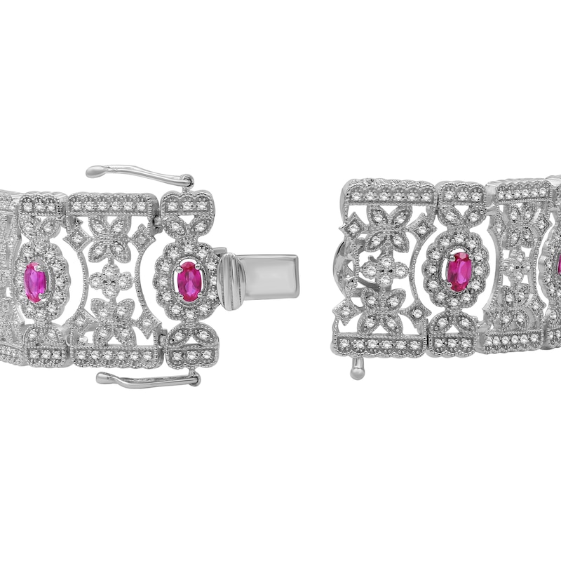 Main Image 3 of Oval Lab-Created Ruby and White Lab-Created Sapphire Floral Wide Link Vintage-Style Bracelet in Sterling Silver - 7.5"