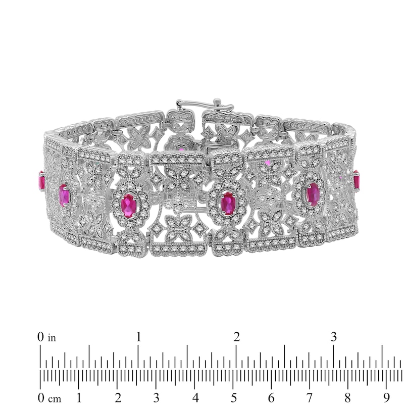 Main Image 4 of Oval Lab-Created Ruby and White Lab-Created Sapphire Floral Wide Link Vintage-Style Bracelet in Sterling Silver - 7.5"
