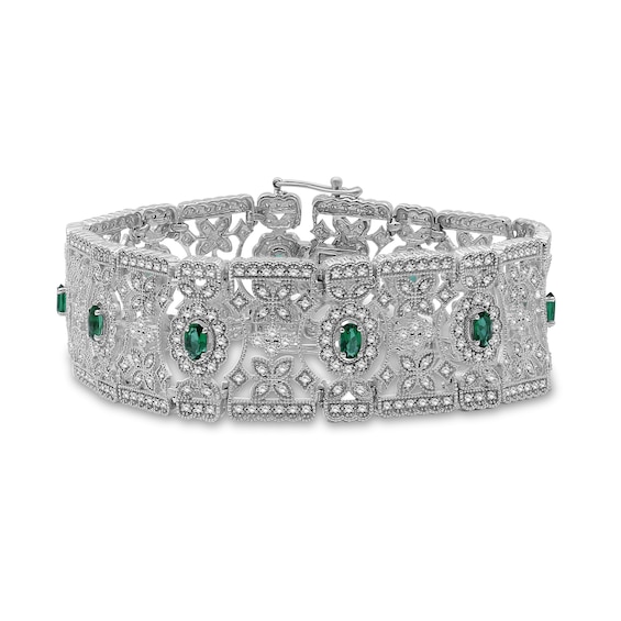 Oval Lab-Created Emerald and White Lab-Created Sapphire Floral Wide Link Vintage-Style Bracelet in Sterling Silver