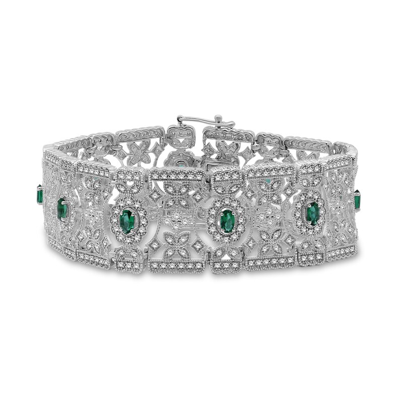 Main Image 1 of Oval Lab-Created Emerald and White Lab-Created Sapphire Floral Wide Link Vintage-Style Bracelet in Sterling Silver