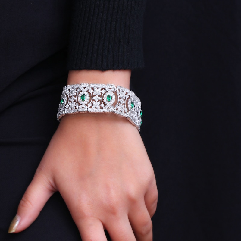 Main Image 2 of Oval Lab-Created Emerald and White Lab-Created Sapphire Floral Wide Link Vintage-Style Bracelet in Sterling Silver