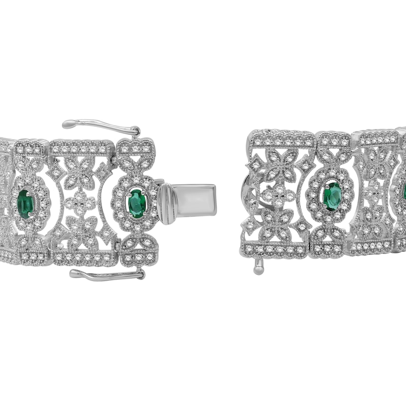 Main Image 3 of Oval Lab-Created Emerald and White Lab-Created Sapphire Floral Wide Link Vintage-Style Bracelet in Sterling Silver
