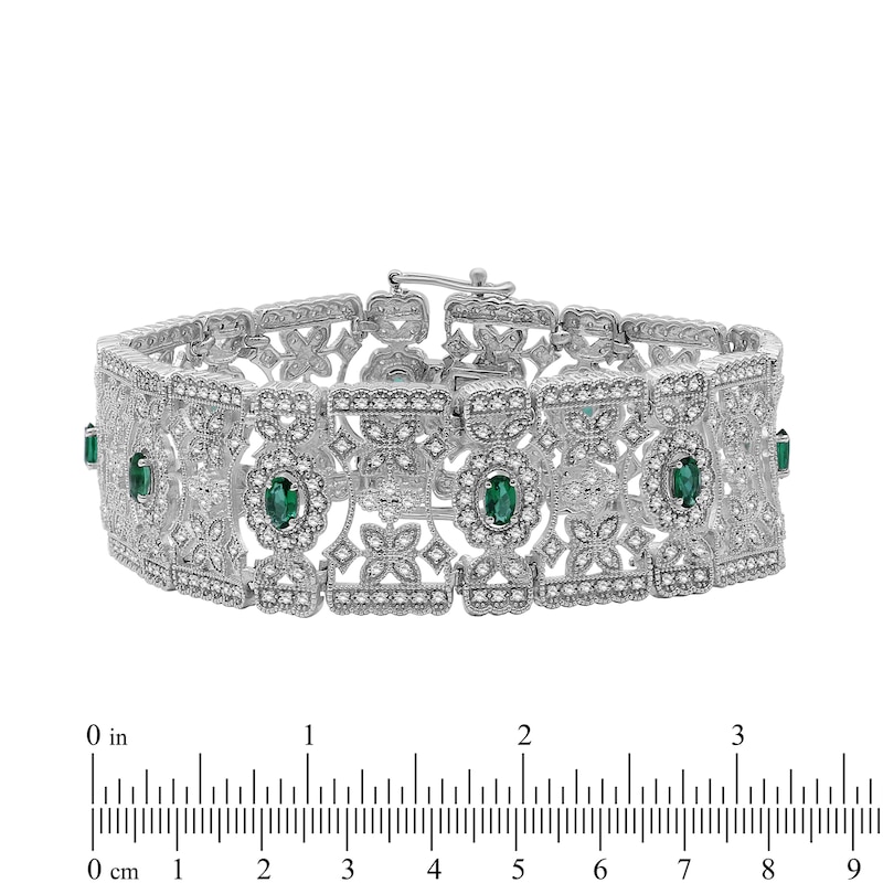 Main Image 4 of Oval Lab-Created Emerald and White Lab-Created Sapphire Floral Wide Link Vintage-Style Bracelet in Sterling Silver