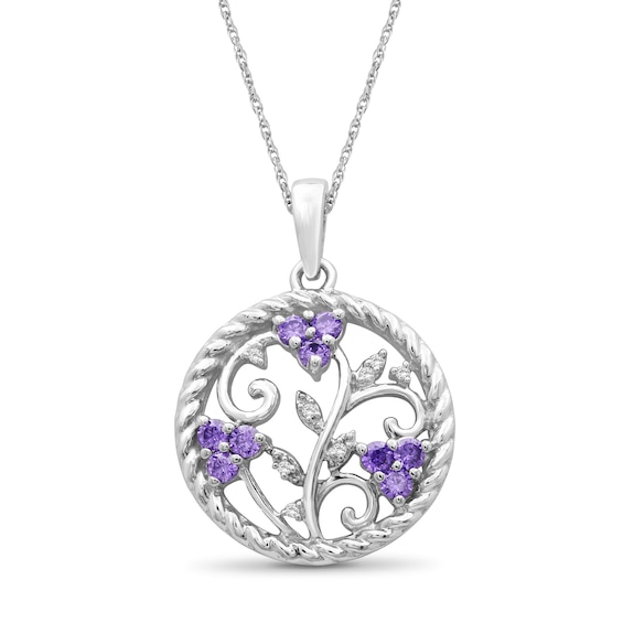 Lab-Created Amethyst Trio and White Lab-Created Sapphire Rope Frame Floral Scroll Circle Drop Pendant in Sterling Silver