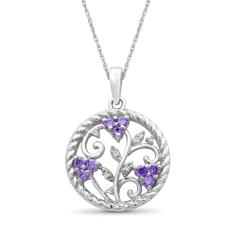 Main Image 1 of Lab-Created Amethyst Trio and White Lab-Created Sapphire Rope Frame Floral Scroll Circle Drop Pendant in Sterling Silver