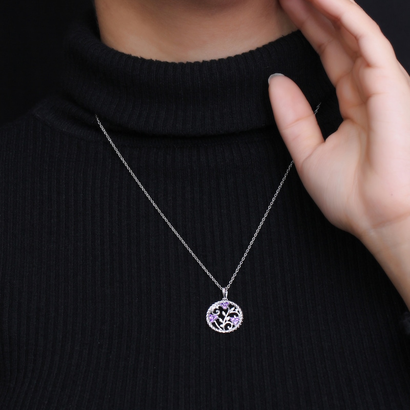 Main Image 2 of Lab-Created Amethyst Trio and White Lab-Created Sapphire Rope Frame Floral Scroll Circle Drop Pendant in Sterling Silver