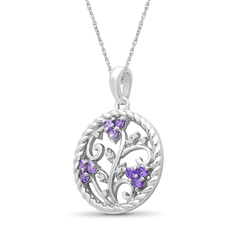 Main Image 3 of Lab-Created Amethyst Trio and White Lab-Created Sapphire Rope Frame Floral Scroll Circle Drop Pendant in Sterling Silver