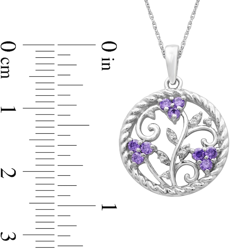 Main Image 4 of Lab-Created Amethyst Trio and White Lab-Created Sapphire Rope Frame Floral Scroll Circle Drop Pendant in Sterling Silver