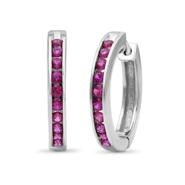 Lab-Created Ruby Channel-Set Ten Stone Hoop Earrings in Sterling Silver