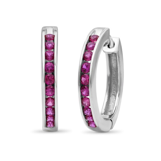 Lab-Created Ruby Channel-Set Ten Stone Hoop Earrings in Sterling Silver