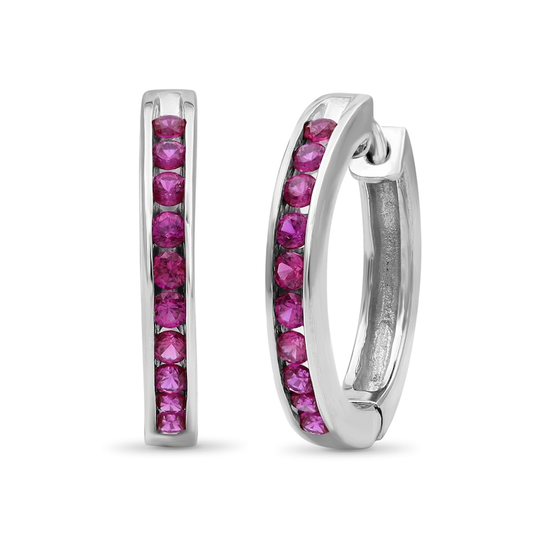 Main Image 1 of Lab-Created Ruby Channel-Set Ten Stone Hoop Earrings in Sterling Silver