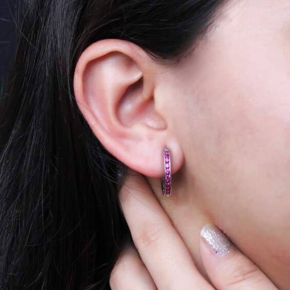 Lab-Created Ruby Channel-Set Ten Stone Hoop Earrings in Sterling Silver
