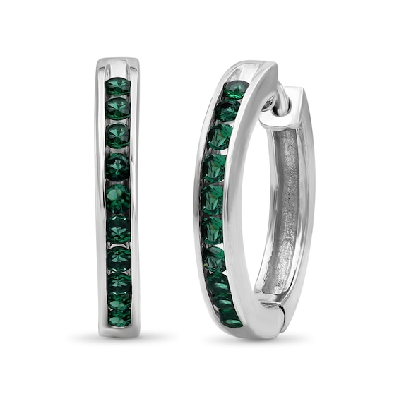Lab-Created Emerald Channel-Set Ten Stone Hoop Earrings in Sterling Silver