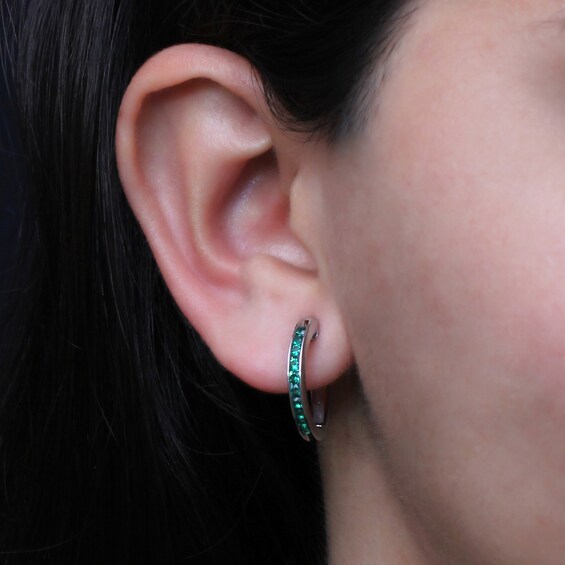 Lab-Created Emerald Channel-Set Ten Stone Hoop Earrings in Sterling Silver