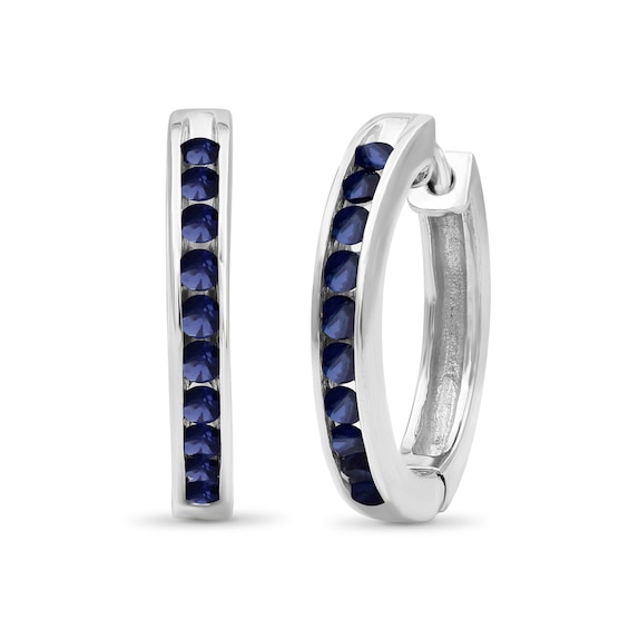Blue Lab-Created Sapphire Channel-Set Ten Stone Hoop Earrings in Sterling Silver