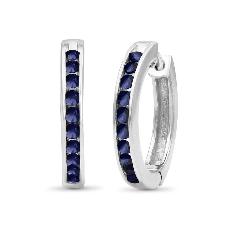 Main Image 1 of Blue Lab-Created Sapphire Channel-Set Ten Stone Hoop Earrings in Sterling Silver