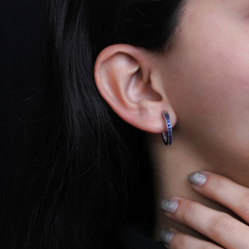 Main Image 2 of Blue Lab-Created Sapphire Channel-Set Ten Stone Hoop Earrings in Sterling Silver