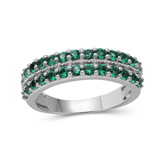 Lab-Created Emerald Double Row Vintage-Style Ring in Sterling Silver